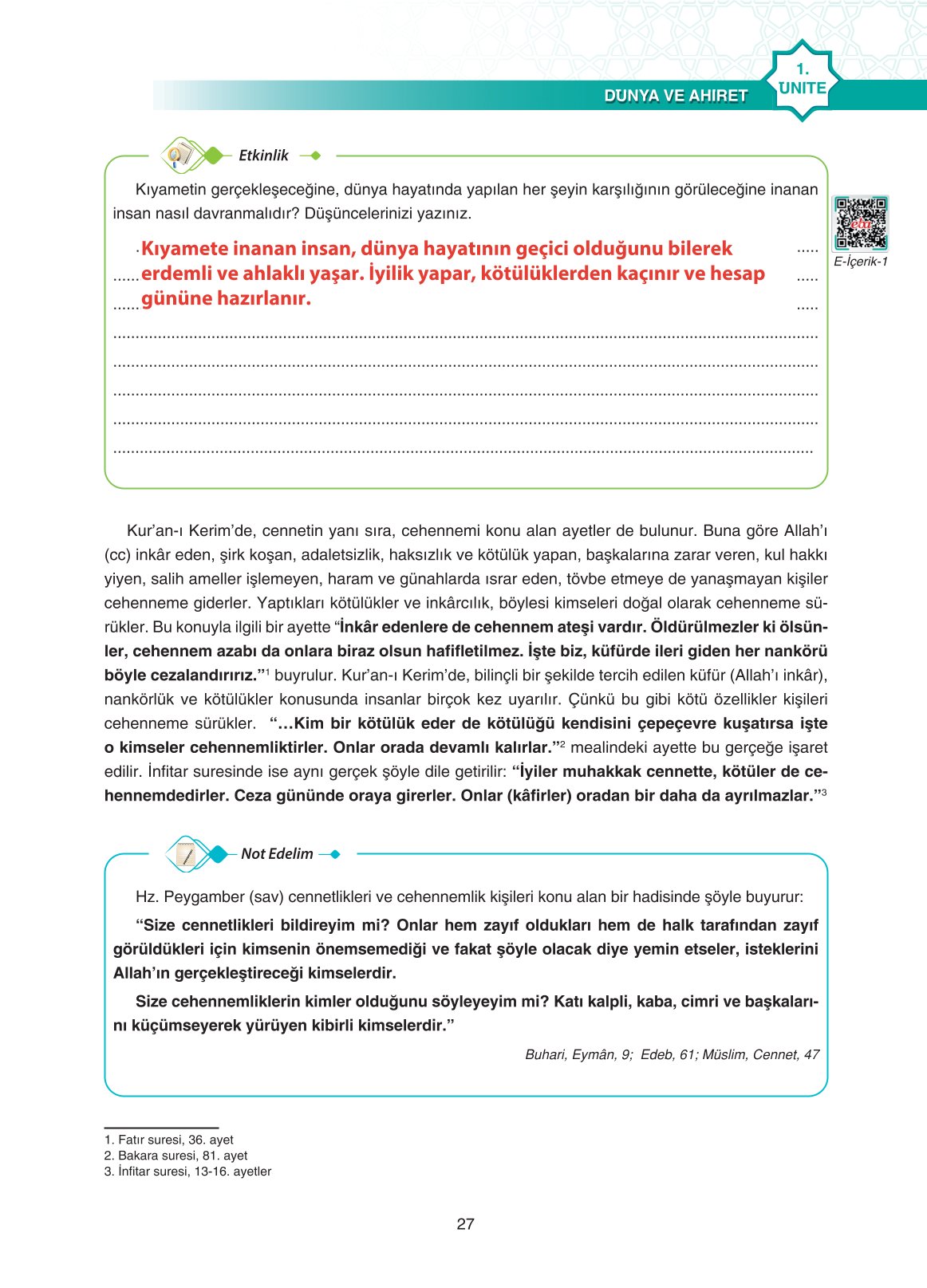 11. Sınıf Sdr İpekyolu Yayıncılık Din Kültürü Ve Ahlak Bilgisi Ders Kitabı Sayfa 27 Cevapları