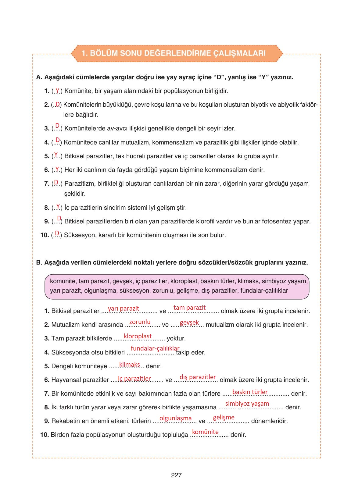 11. Sınıf Tutku Yayıncılık Biyoloji Ders Kitabı Sayfa 227 Cevapları