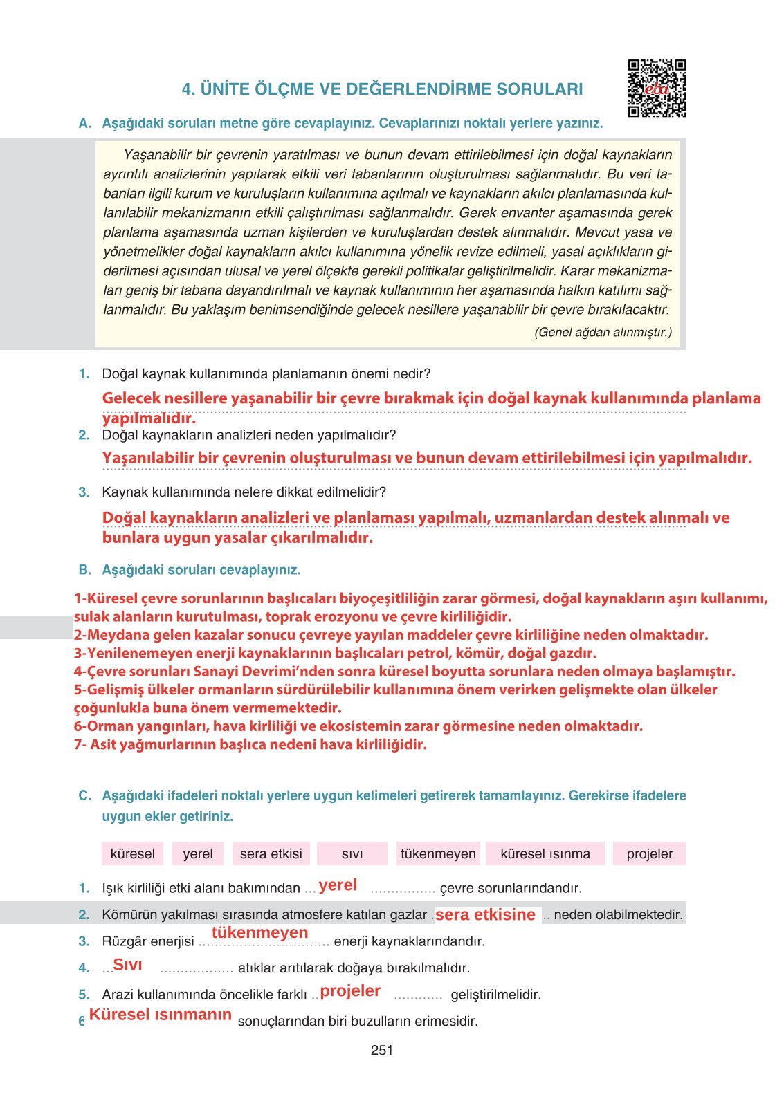 11. Sınıf Yıldırım Yayınları Coğrafya Ders Kitabı Sayfa 251 Cevapları