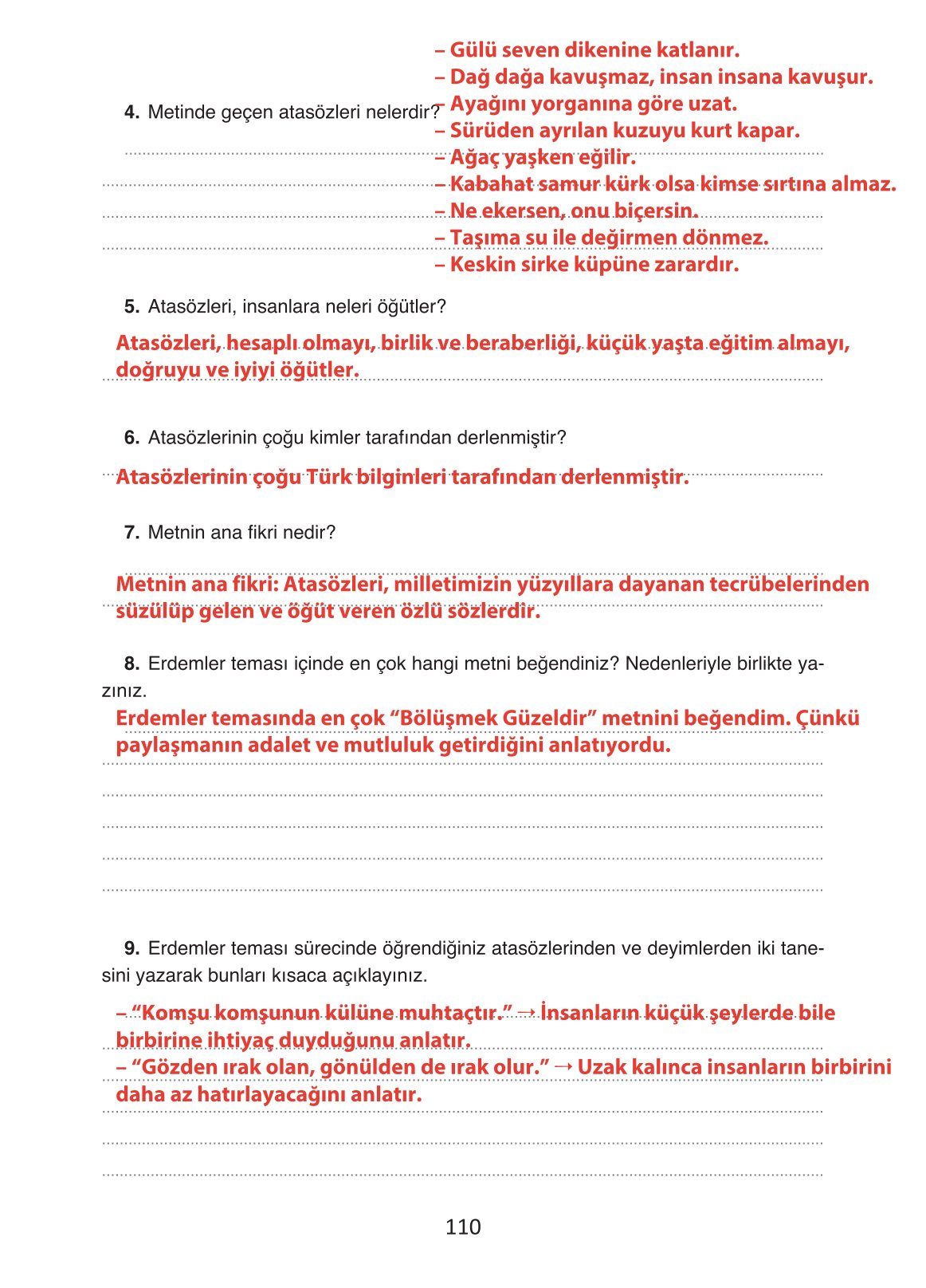 4. Sınıf Ada Yayıncılık Türkçe Ders Kitabı Sayfa 110 Cevapları