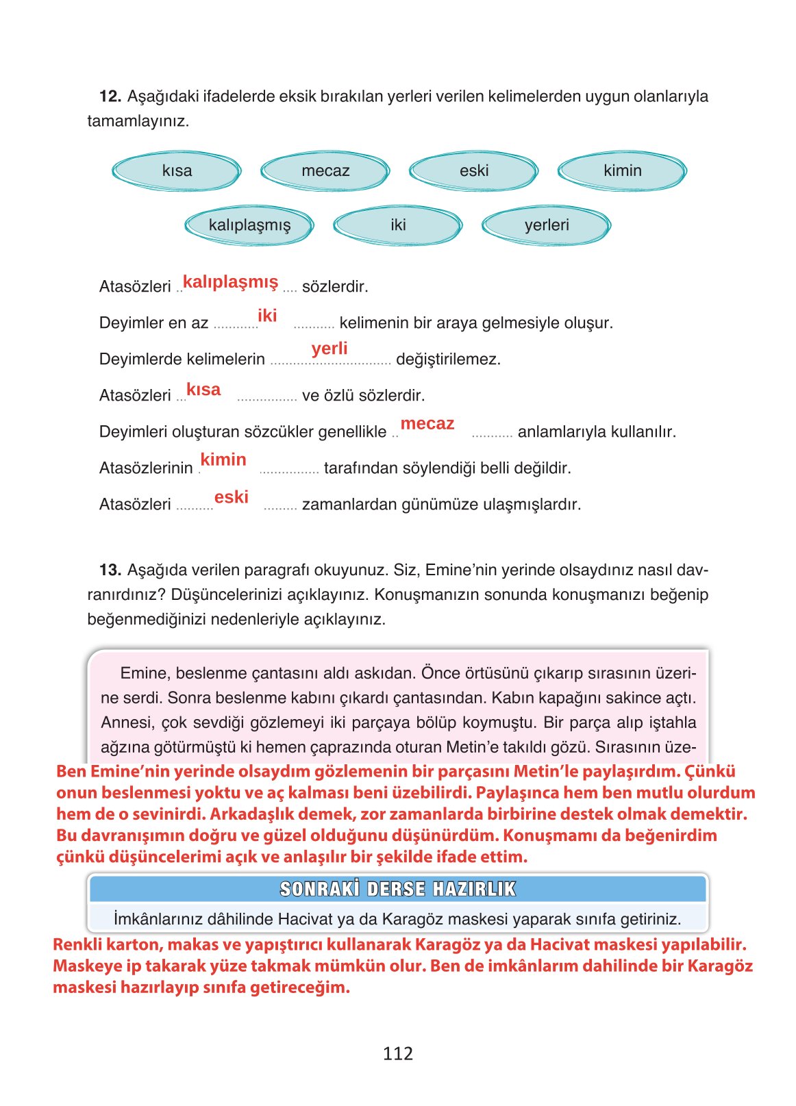 4. Sınıf Ada Yayıncılık Türkçe Ders Kitabı Sayfa 112 Cevapları