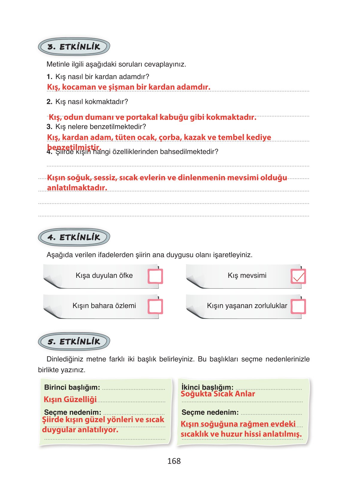 4. Sınıf Ada Yayıncılık Türkçe Ders Kitabı Sayfa 168 Cevapları