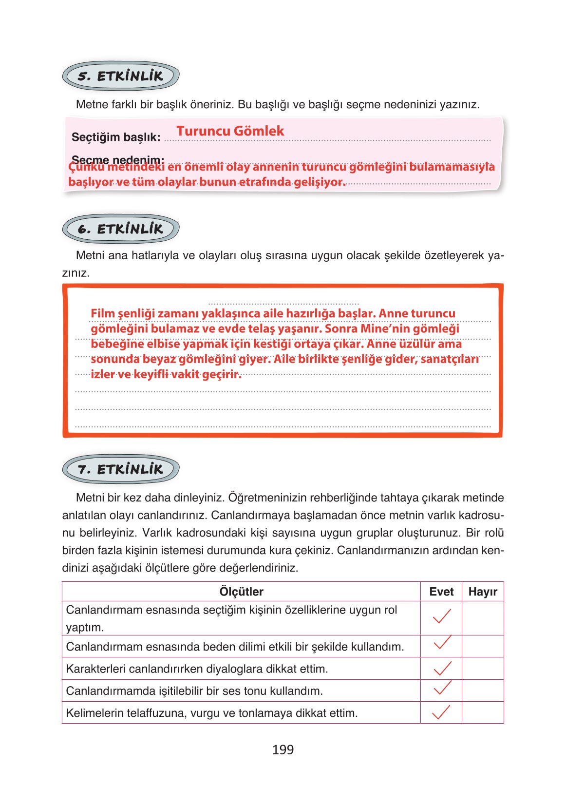 4. Sınıf Ada Yayıncılık Türkçe Ders Kitabı Sayfa 199 Cevapları