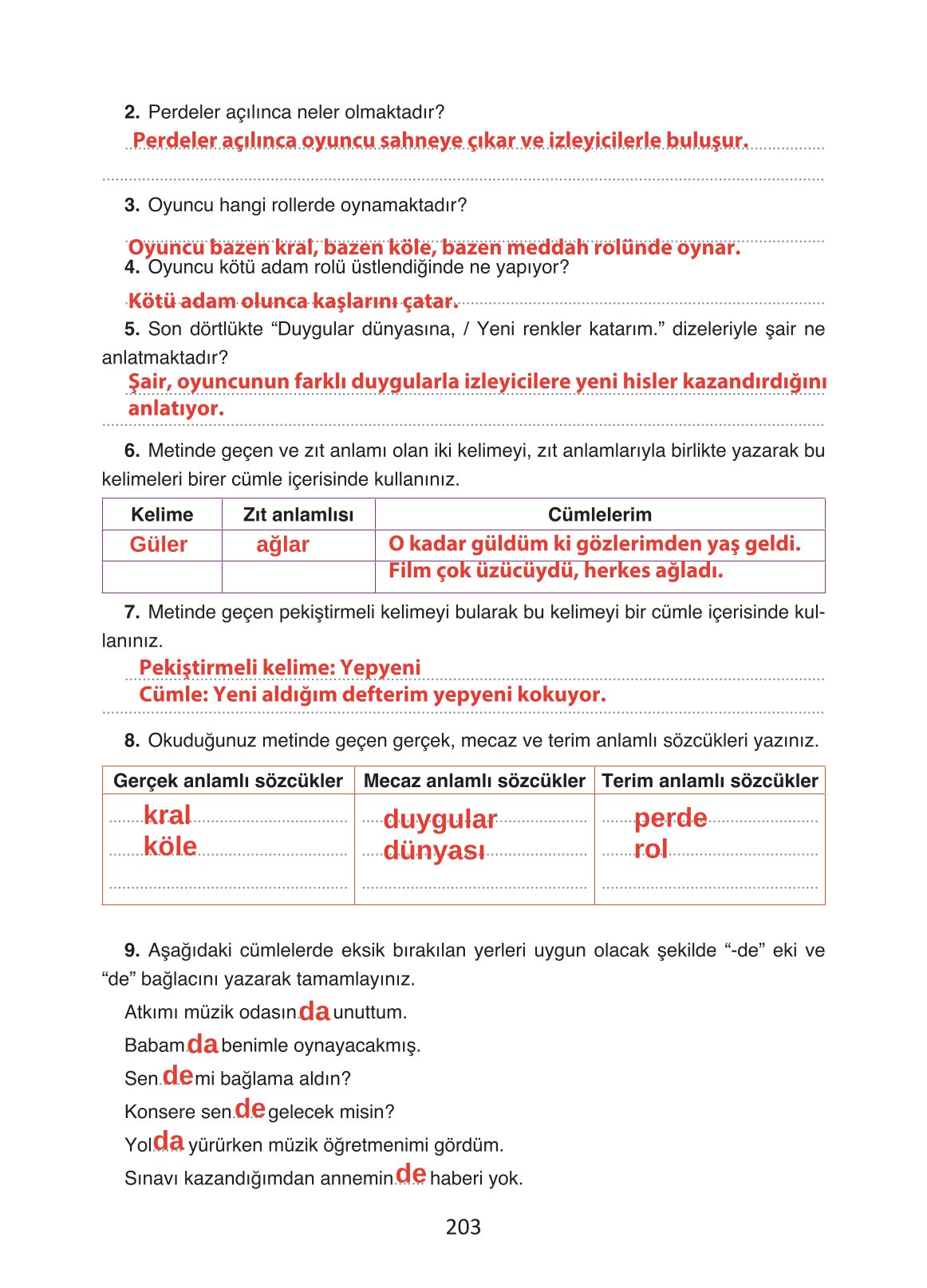 4. Sınıf Ada Yayıncılık Türkçe Ders Kitabı Sayfa 203 Cevapları