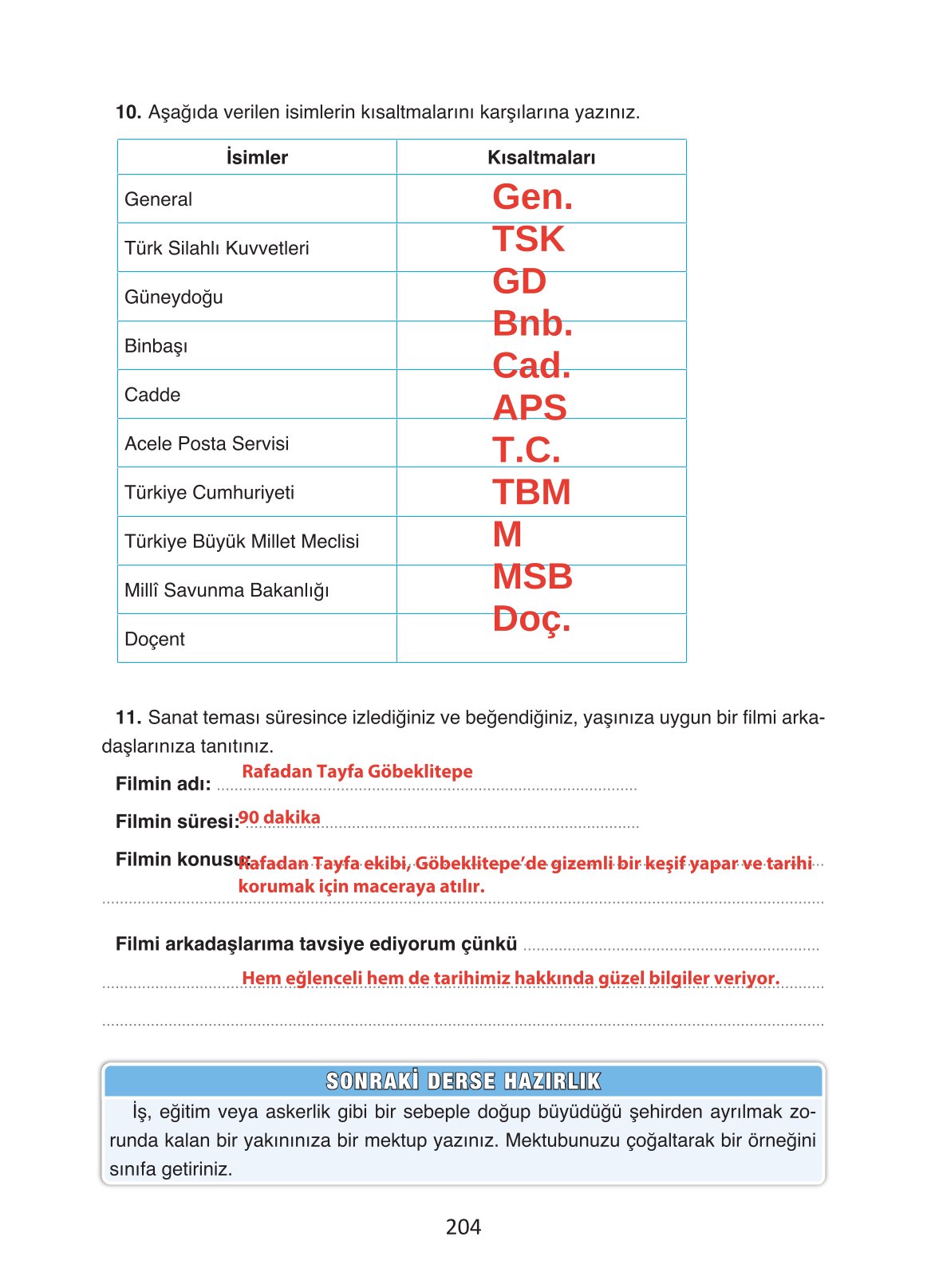 4. Sınıf Ada Yayıncılık Türkçe Ders Kitabı Sayfa 204 Cevapları
