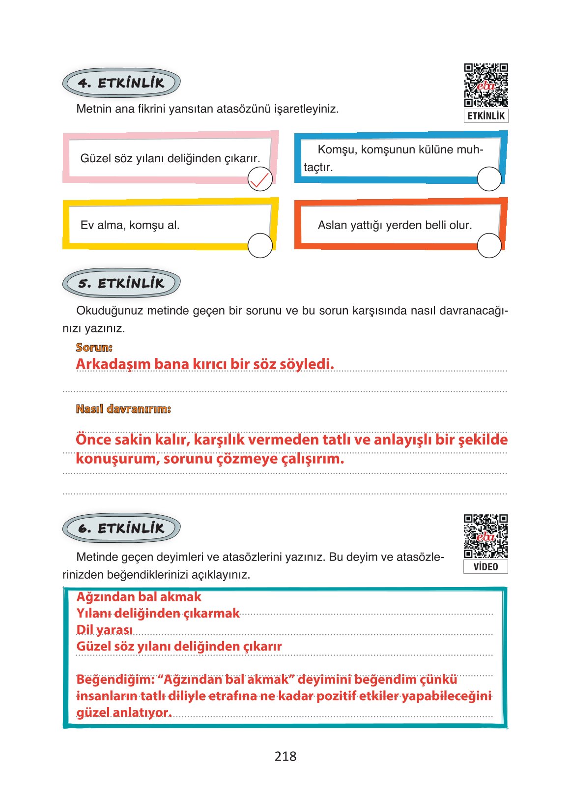 4. Sınıf Ada Yayıncılık Türkçe Ders Kitabı Sayfa 218 Cevapları