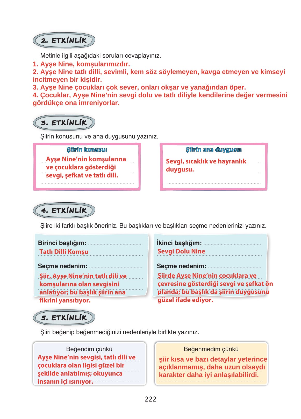 4. Sınıf Ada Yayıncılık Türkçe Ders Kitabı Sayfa 222 Cevapları
