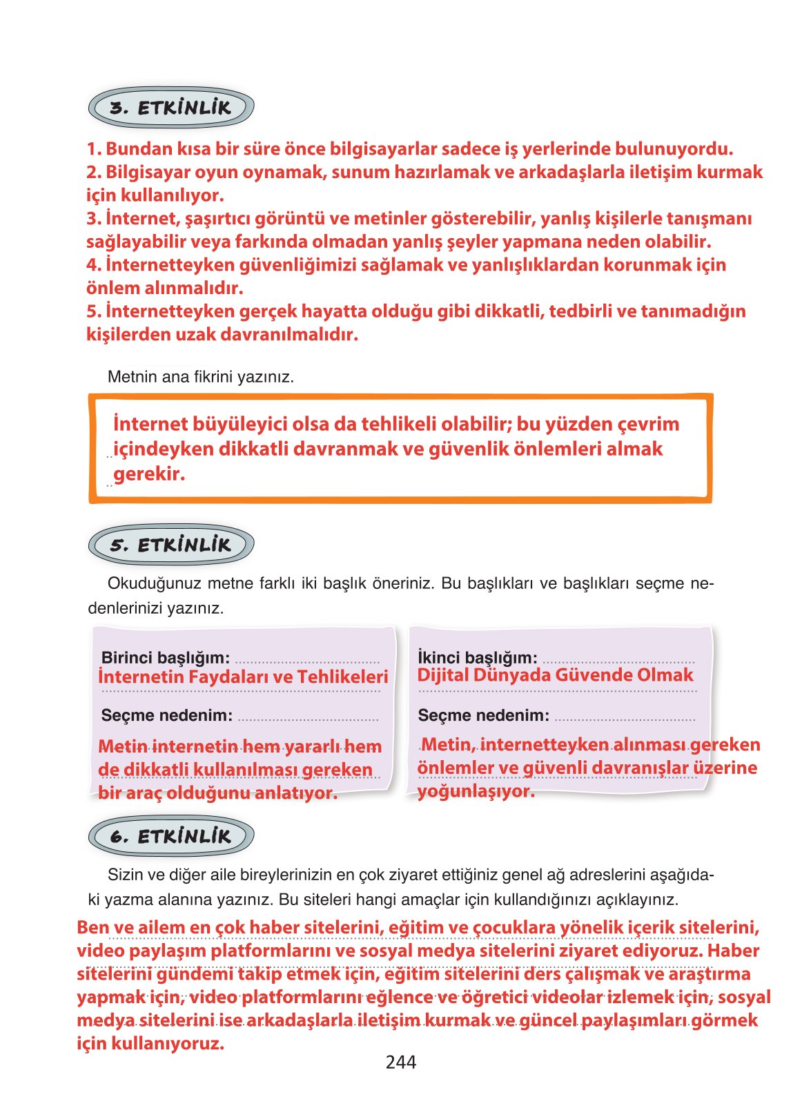 4. Sınıf Ada Yayıncılık Türkçe Ders Kitabı Sayfa 244 Cevapları