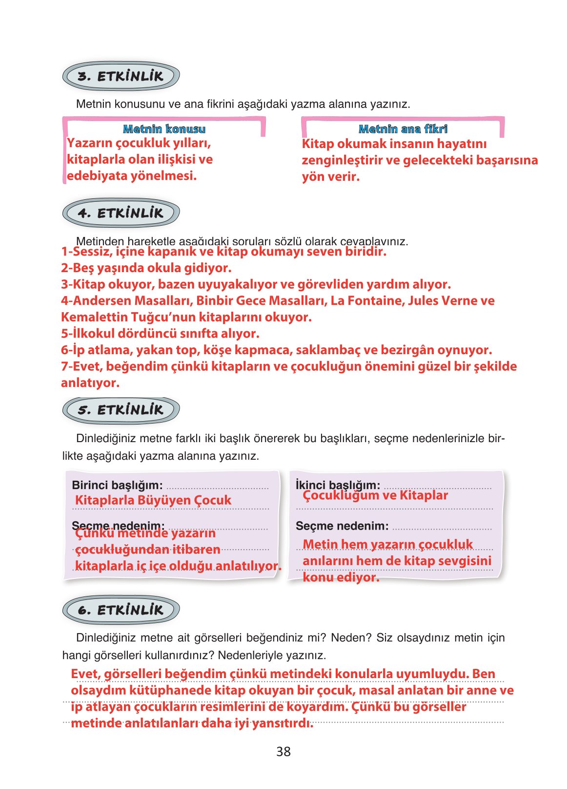 4. Sınıf Ada Yayıncılık Türkçe Ders Kitabı Sayfa 38 Cevapları