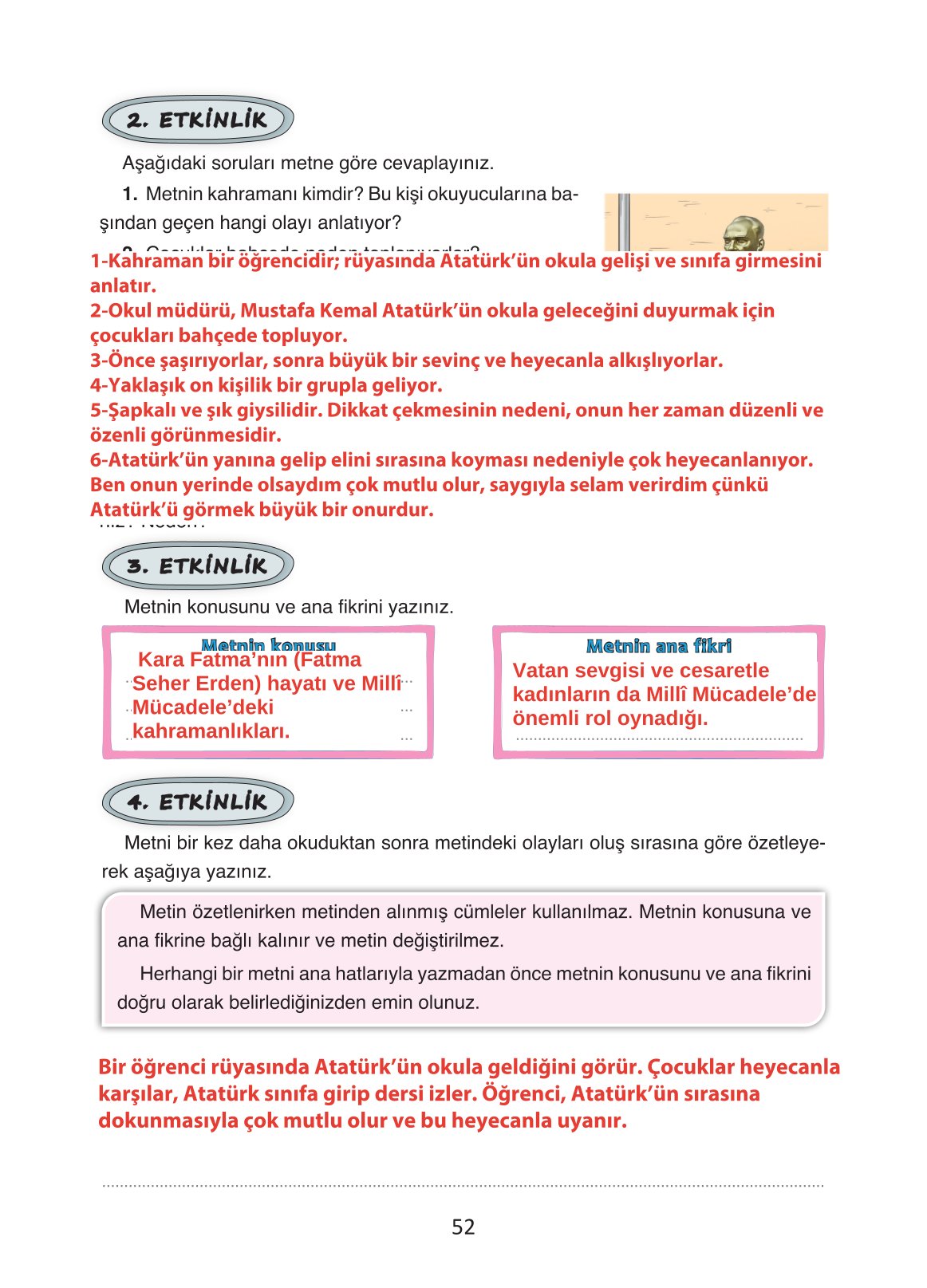 4. Sınıf Ada Yayıncılık Türkçe Ders Kitabı Sayfa 52 Cevapları