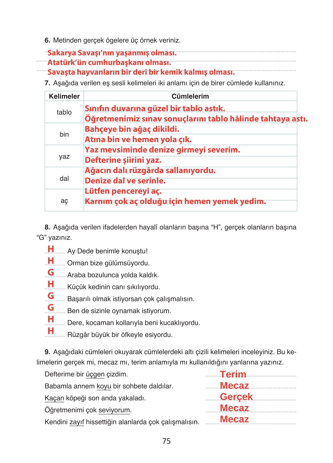 4. Sınıf Ada Yayıncılık Türkçe Ders Kitabı Sayfa 75 Cevapları