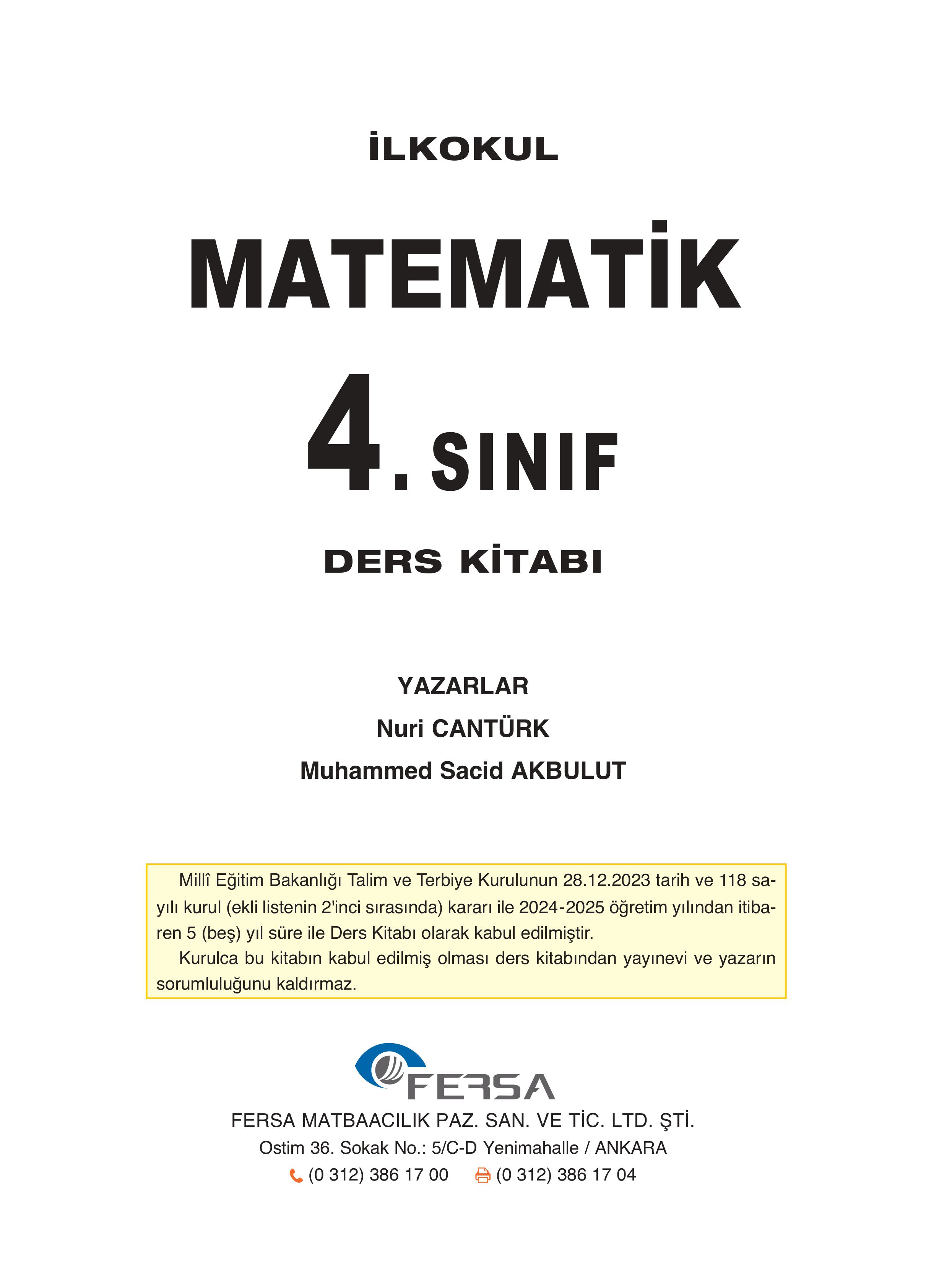 4. Sınıf Fersa Yayınları Matematik Ders Kitabı Sayfa 1 Cevapları