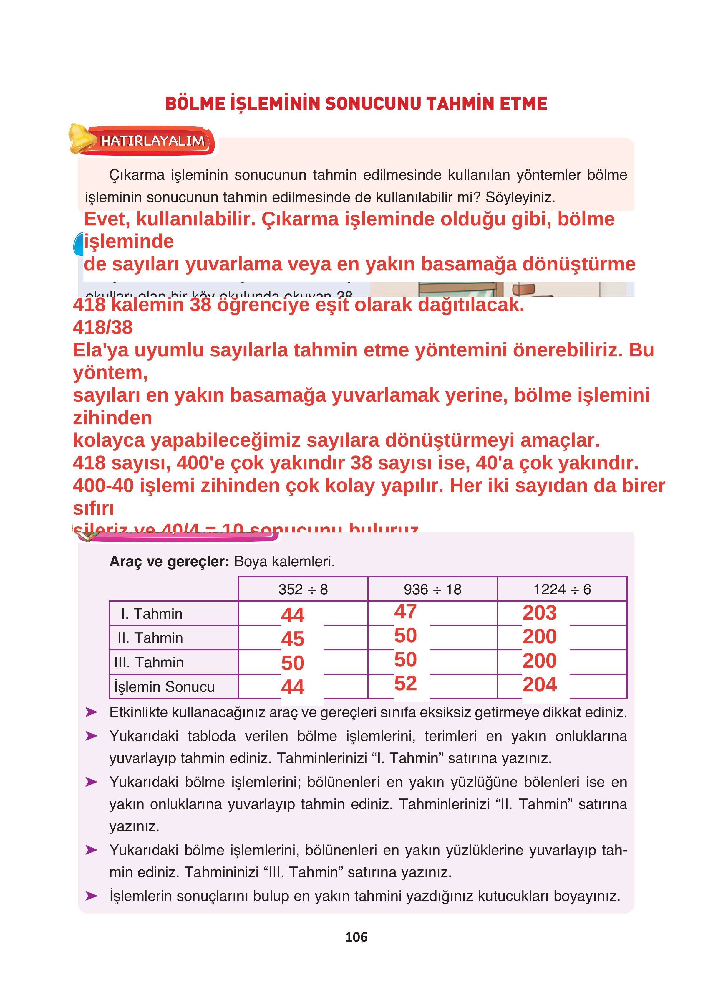 4. Sınıf Fersa Yayınları Matematik Ders Kitabı Sayfa 106 Cevapları