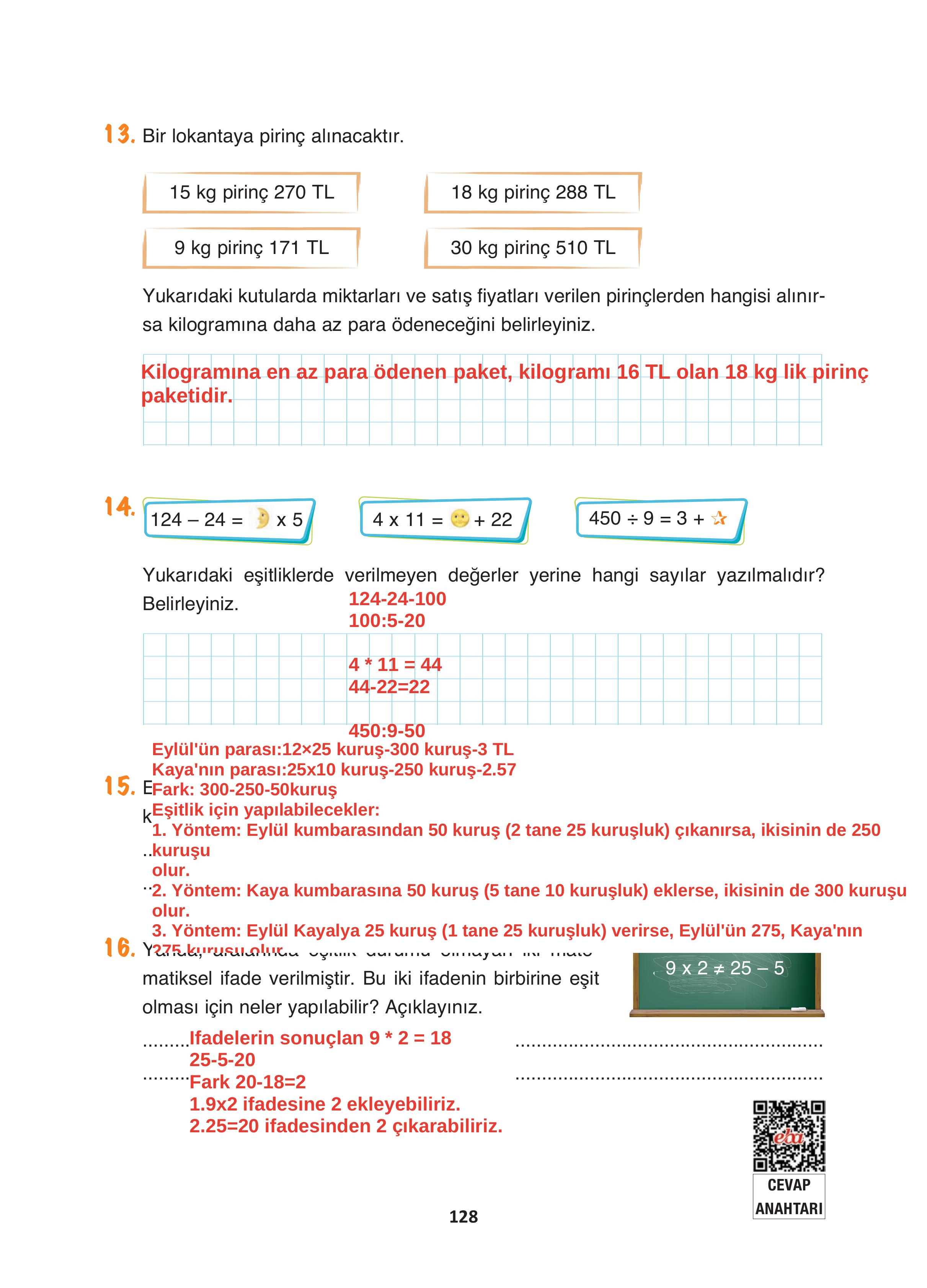 4. Sınıf Fersa Yayınları Matematik Ders Kitabı Sayfa 128 Cevapları
