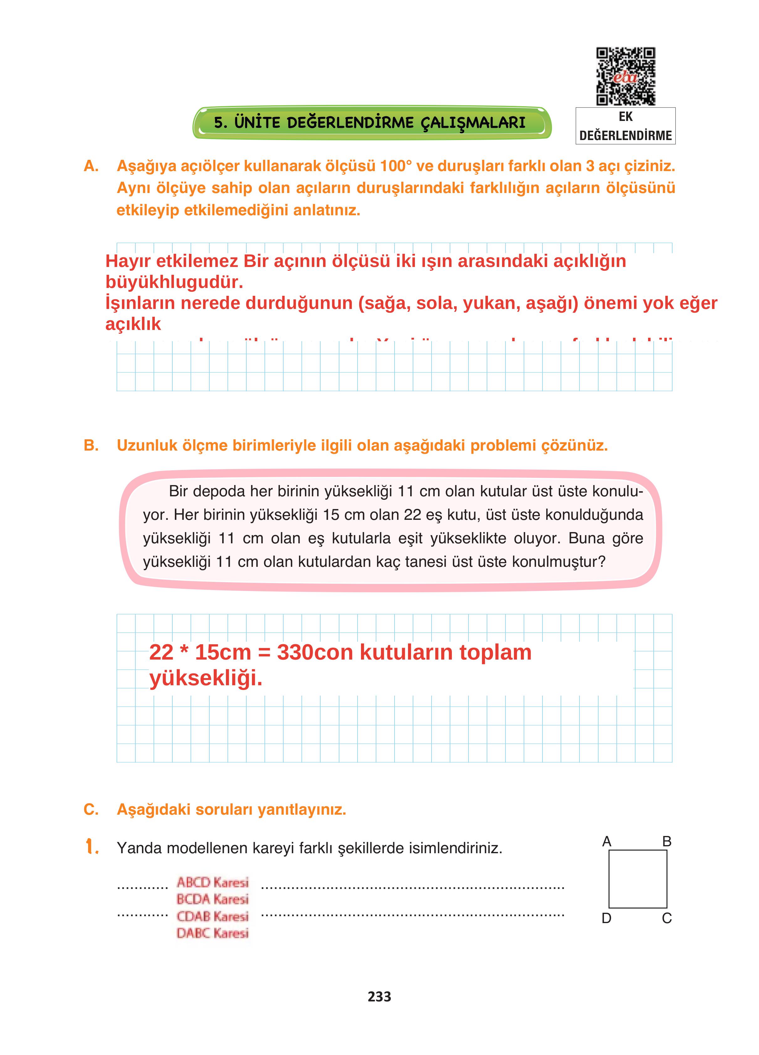 4. Sınıf Fersa Yayınları Matematik Ders Kitabı Sayfa 233 Cevapları