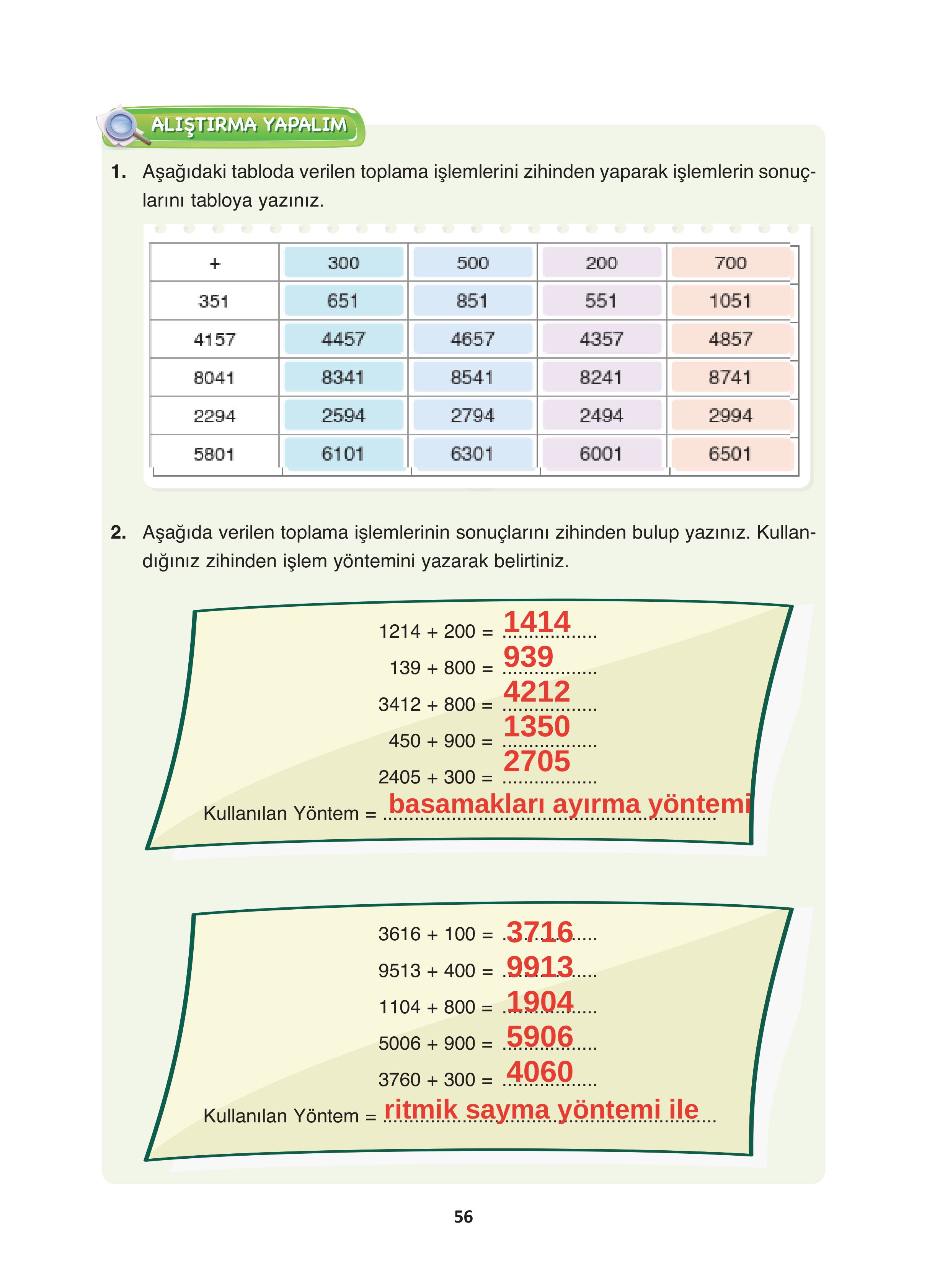 4. Sınıf Fersa Yayınları Matematik Ders Kitabı Sayfa 56 Cevapları