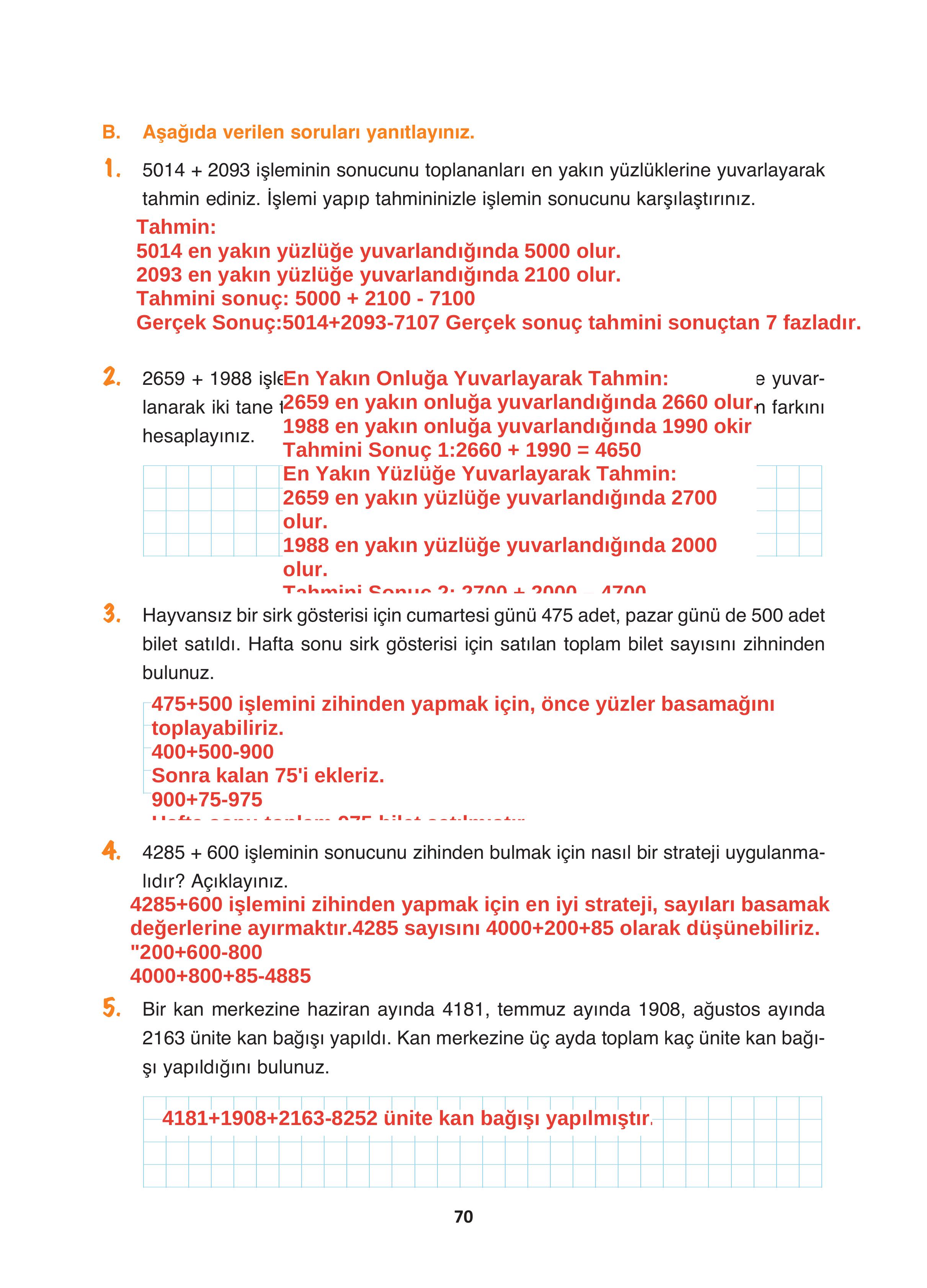 4. Sınıf Fersa Yayınları Matematik Ders Kitabı Sayfa 70 Cevapları