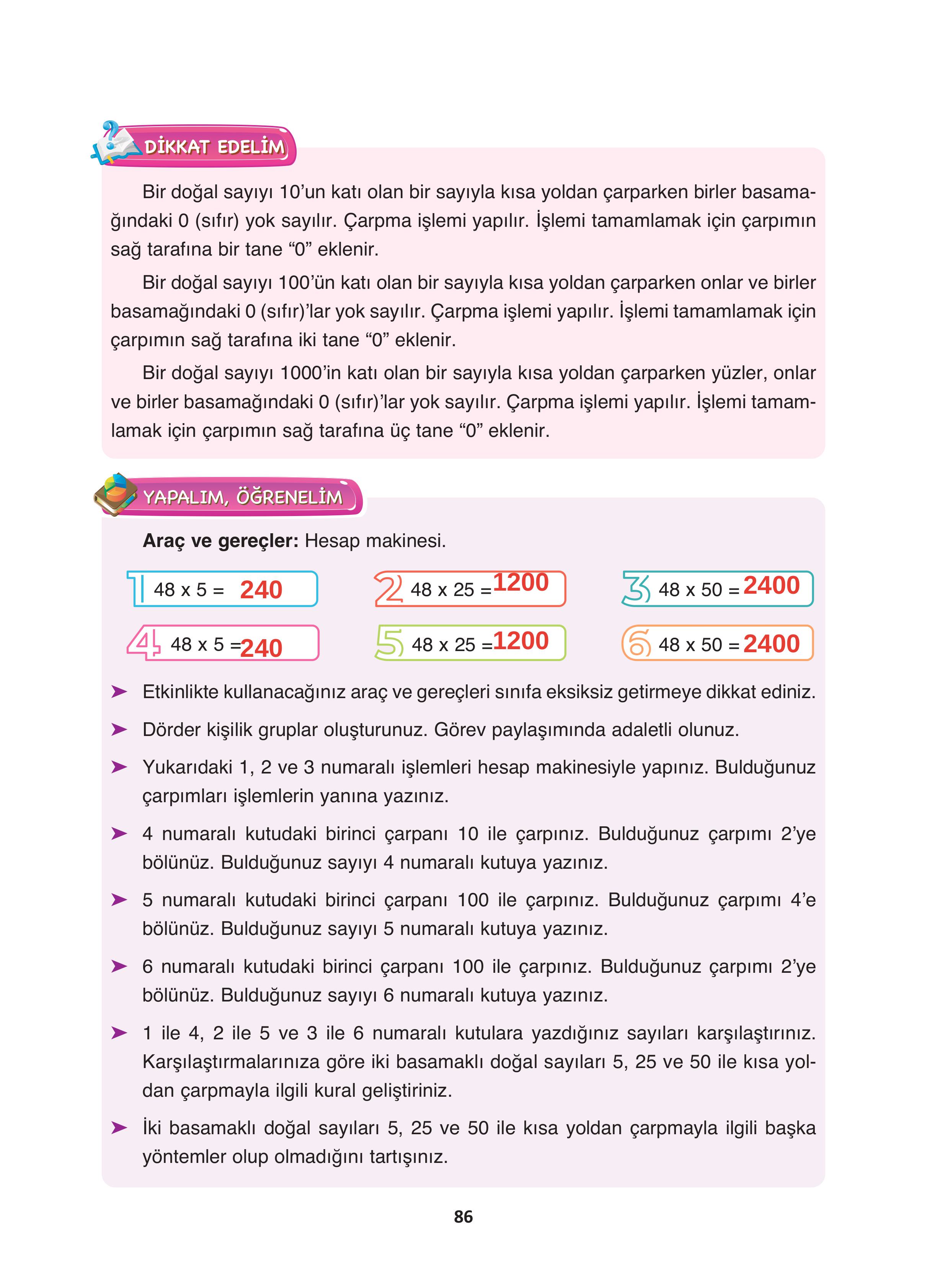 4. Sınıf Fersa Yayınları Matematik Ders Kitabı Sayfa 86 Cevapları