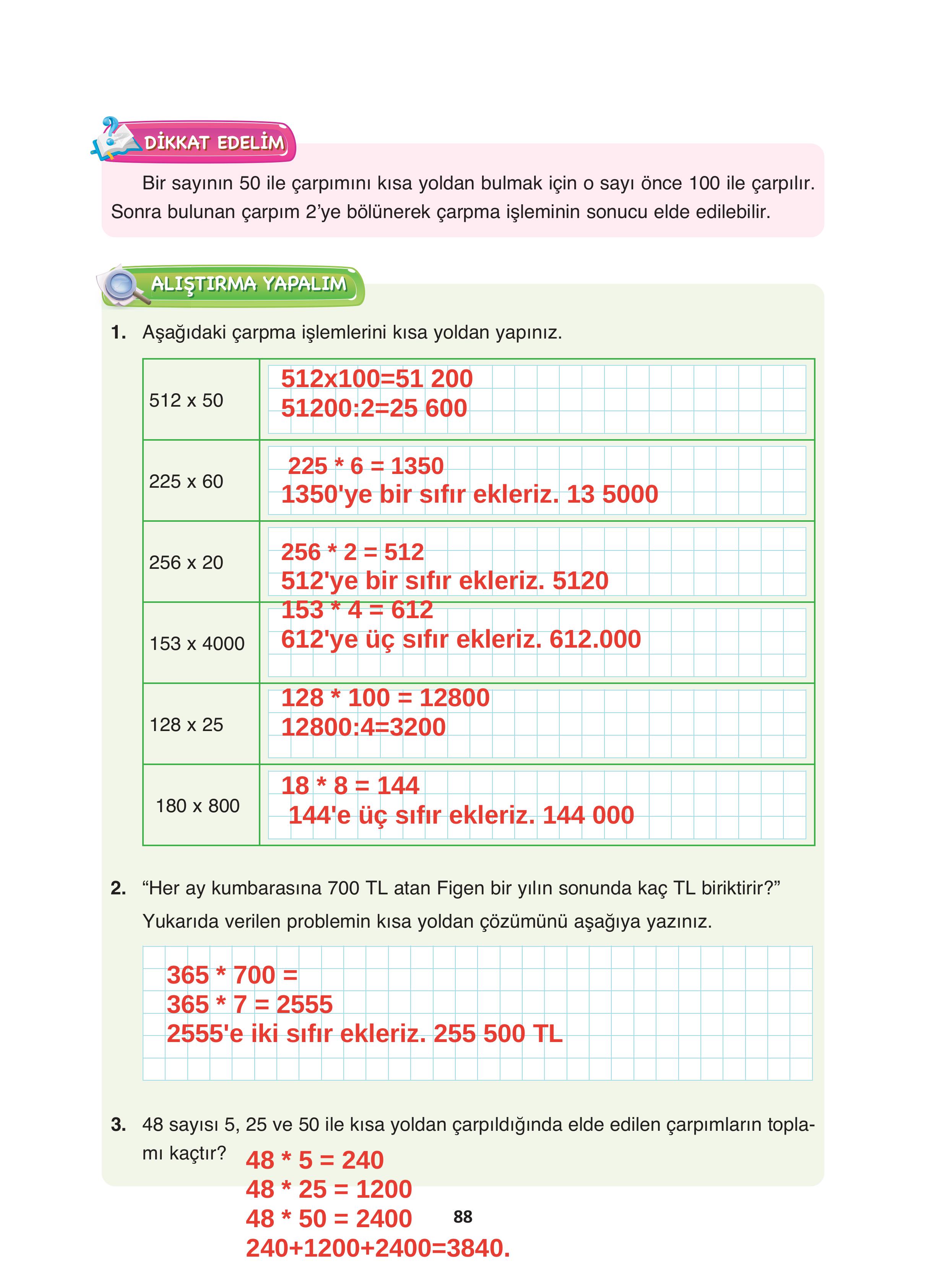 4. Sınıf Fersa Yayınları Matematik Ders Kitabı Sayfa 88 Cevapları