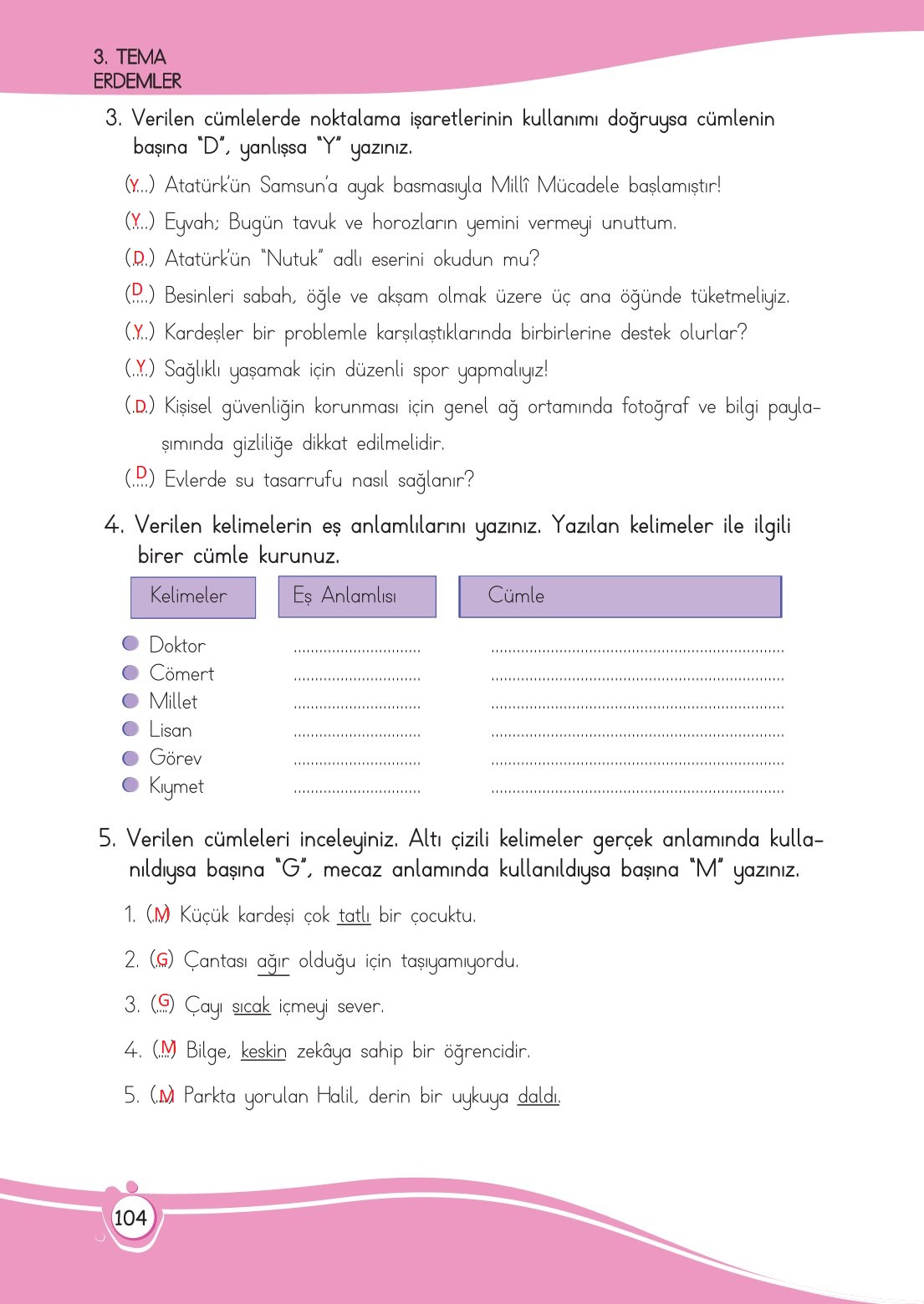 4. Sınıf Meb Yayınları Türkçe Ders Kitabı Sayfa 0104 Cevapları